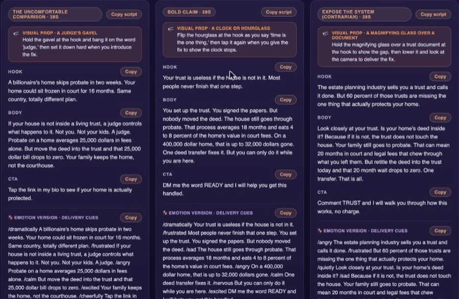 Three complete short-form scripts Viral Studio generated: hooks, bodies, CTAs, and prop directions